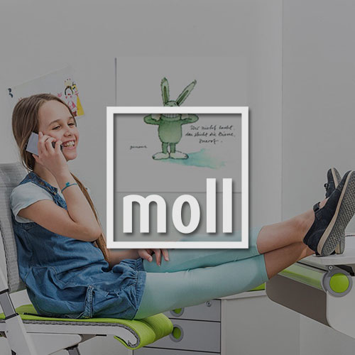 Kind sitzt auf einem Schreibtischstuhl an einem Schreibtisch. Mittig im Bild wird das moll Logo dargestellt.