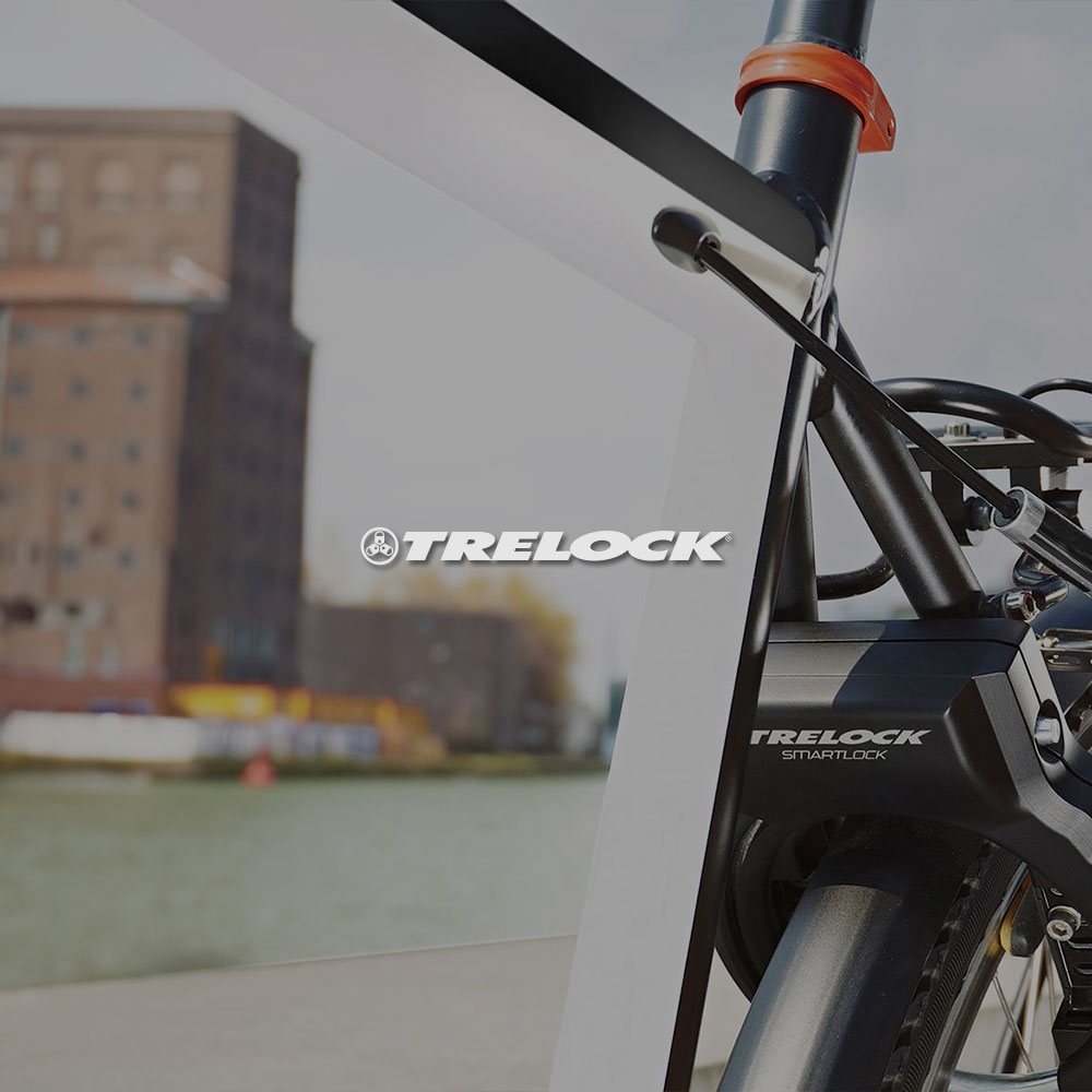 Nahaufnahme Fahrradschloss von Trelock. Mittig im Bild wird das Trelock Logo dargestellt.